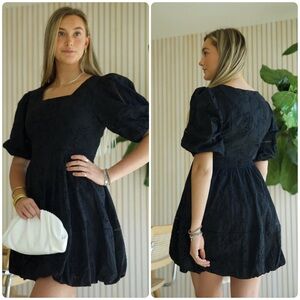 Beulah Eyelet bubble Hem Mini Dress fit flare Medium Black Puff Sleeves Romantic